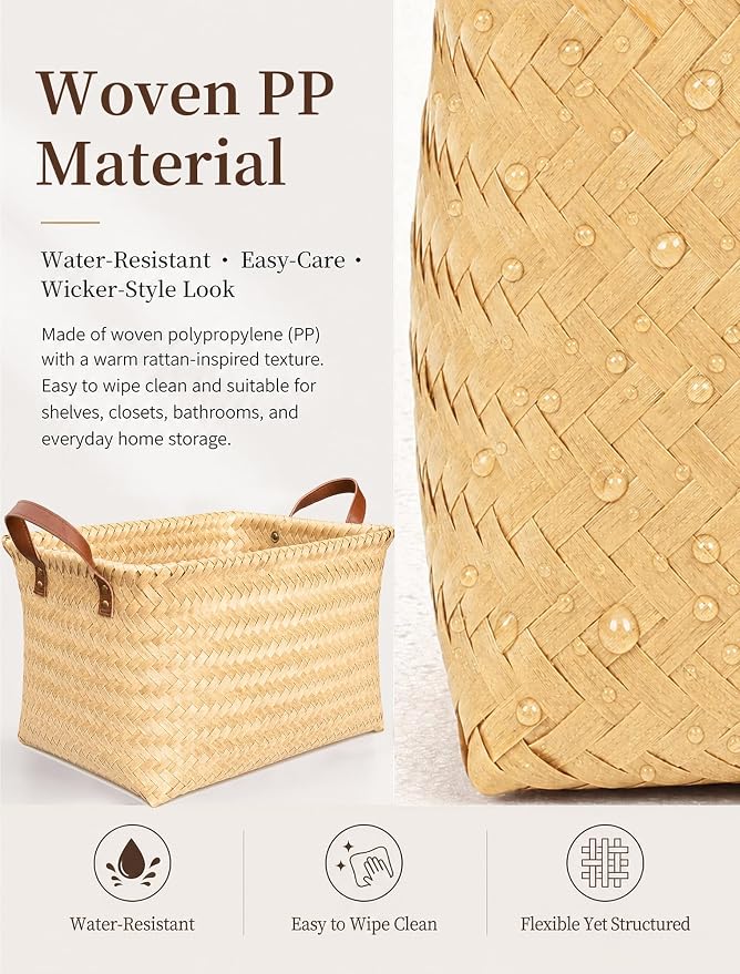 Wicker Storage Baskets, 4 Pack Woven Baskets for Shelves, Yellow | PP Rattan, Water-resistant Wicker Basket, Large Baskets with Faux Leather Handles for Blanket, Laundry Organizer, Room Decor - Image 3