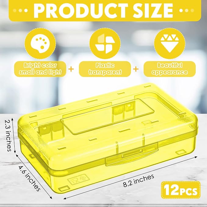 Leelosp 12 Pack Pencil Boxes Bulk, Large Plastic Case,Yellow | Stackable Hard Storage Box with Snap Lid for School Classroom, Desk Drawer Organizer, Crayons Markers Kids Supplies - Image 2
