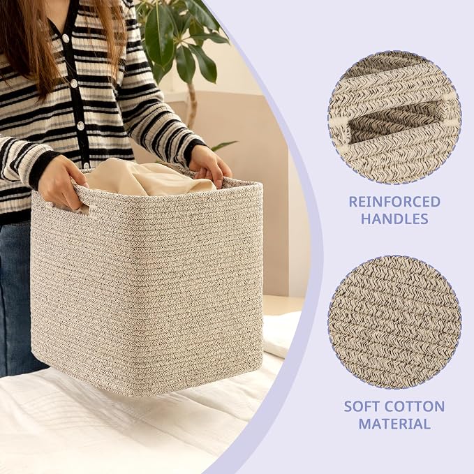 OIAHOMY 2 PACK Cube Storage Bin 11 Inch Collapsible Storage Cube Brown | Cube Storage Organizer Storage Bins for Shelves Baskets for Organizing Woven Rope Storage Baskets - Image 3