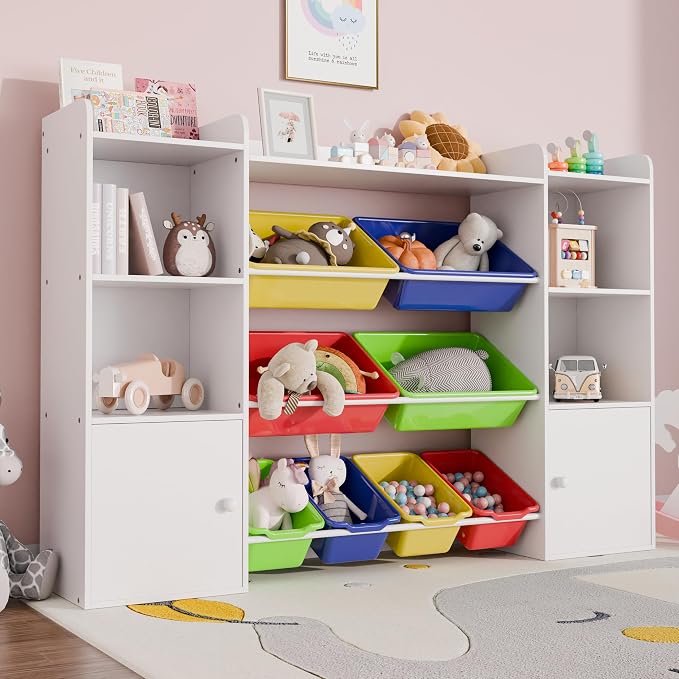 Xilingol Kids Toy Storage Organizer W/8 Removable Toy Bins, 4-Tier Toy Organizers W/6 Storage Cubbies, Kid Bookshelf and Toy Storage for Playroom, Bedroom, Kids Room, Classroom - Image 7