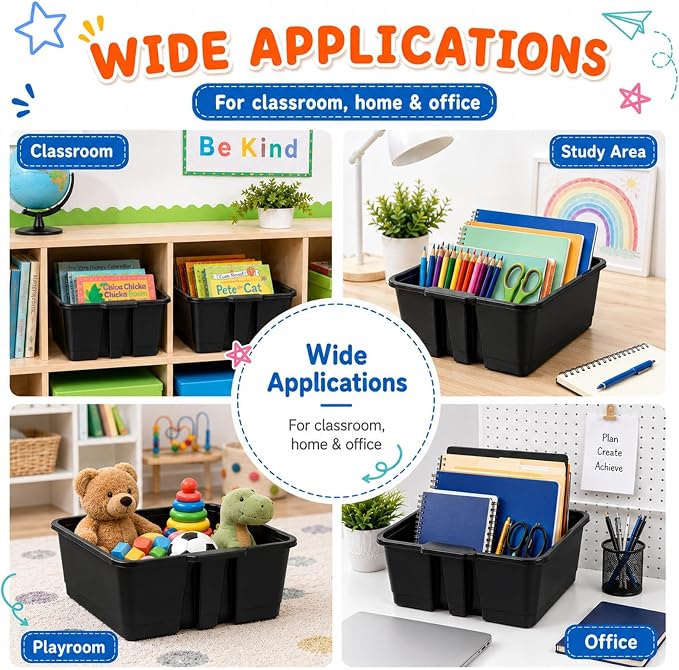 6 Pack Plastic Book Bins Stackable Classroom Cubby Organizer, Black | Scoop Front Storage Bins, Cubby Bins with Handles for School Library Office Home Nursery Playroom Organization - Image 6