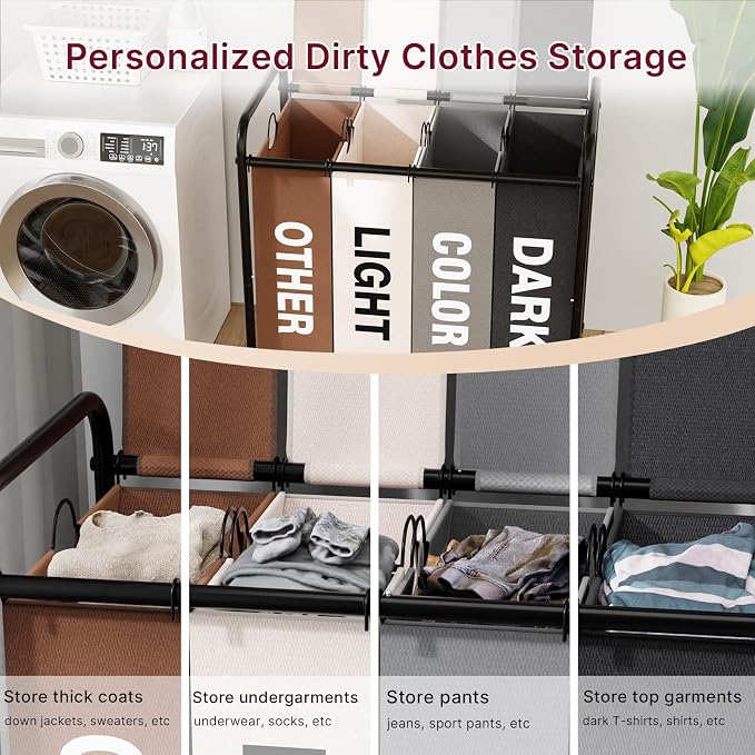 180L Laundry Sorter 4 Section with Lockable Wheels and Lid Multicolor | 4 Large Separate Removable Bag|Heavy Duty Rolling Laundry Basket|Laundry Hamper Cart for Laundry Room Organizer - Image 2