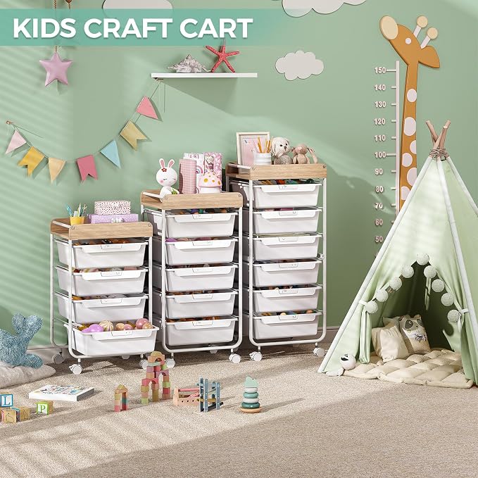 SYKIARIOL Rolling Storage Utility Cart with 4 Drawers,Art Cart,White | Kids Craft Cart,Makeup Organizer and Storage with Wooden Tabletop - Image 5