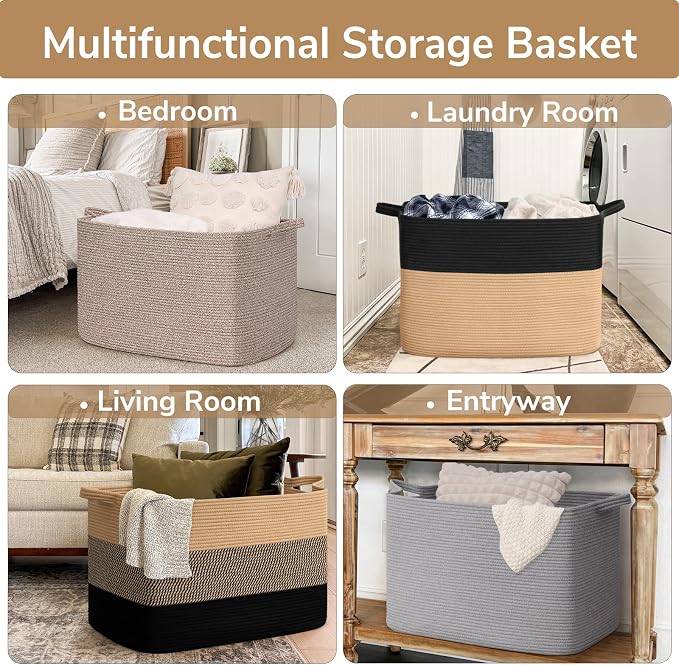 Goodpick 105L Extra Large Woven Blanket Basket Cotton Rope Storage Baskets for Organizing, Kids Toy Storage Organizer for Living Room Nursery, 25"x16"x16", Black & Jute - Image 4