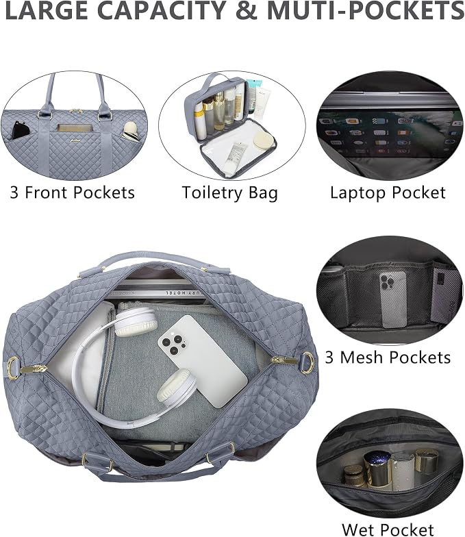 Women Weekender Travel Duffle Bag: Travel Duffel Overnight Bags with Shoe Compartment Large Carry on Tote with Toiletry Bag Weekend Traveling Yoga Gym Hospital Bag for Women with Wet Pocket Grey - Image 3