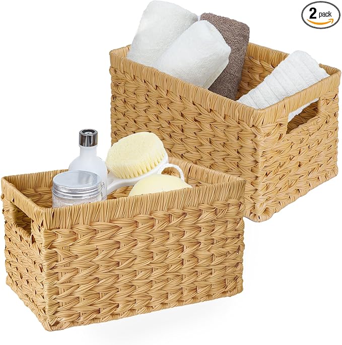 GRANNY SAYS Wicker Storage Baskets, Waterproof Woven Baskets, 2-Pack | Plastic Woven Baskets for Shelves, Wicker Baskets with Handles, Wicker Storage Baskets for Shelves, Woven Baskets for Storage by GRANNYSAYS