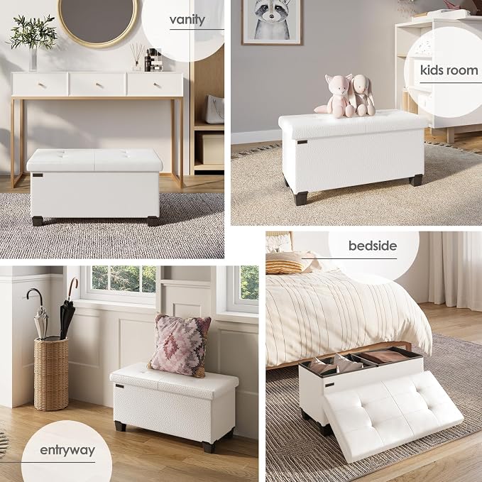 Storage Ottoman Bench with Bins, 30-in Storage Bench for Bedroom End of Bed, Folding Foot Rest Ottoman for Living Room Max 660lbs, Faux Leather Ottomans, Cream - Image 4