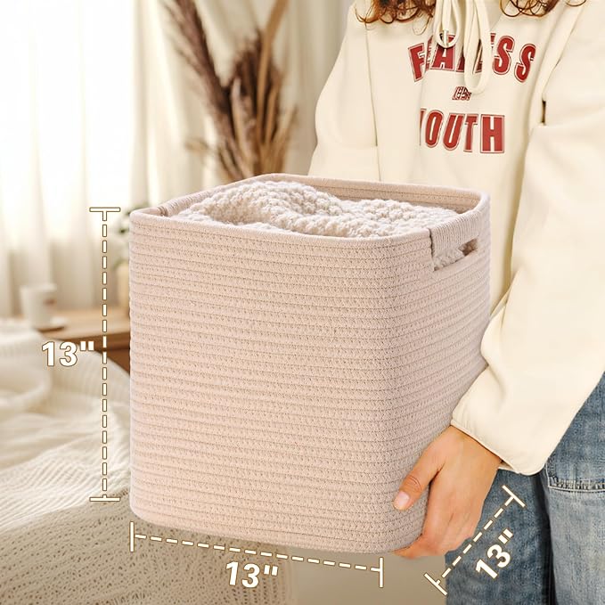13 Inch Storage Cubes, 3 Pack Cube Storage Bins for Organizing, Cotton Rope Woven Baskets for Shelves, Bathroom, Kids Room, Closets, Baby Nursery - Image 4