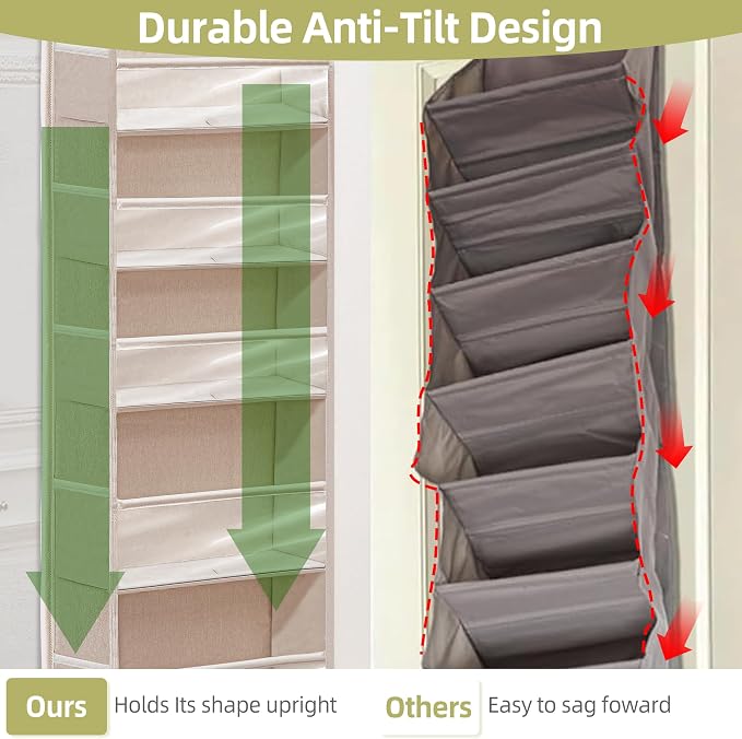 Over Door Organizer with 6 Extra Large Pockets and 12 Side Pockets, Large Capacity Hanging Storage Organizer with Clear Window for Shoes, Diapers, Beige, 6 Layers, 2-Pack - Image 3