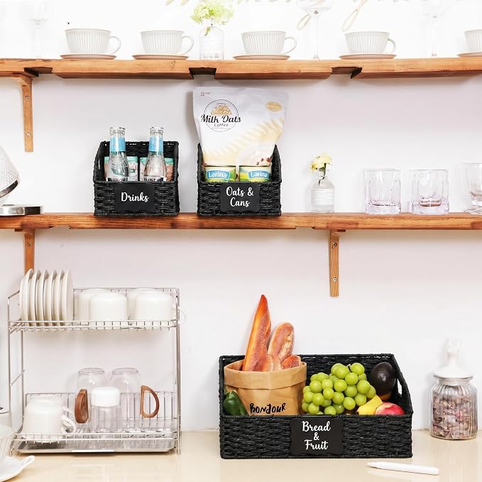 Pantry Organizers, Handwoven Large Wicker Baskets for Shelves, Labeled Storage Baskets for Organizing with Handles - Paper Storage Bins, Boho Decorative, 3 Pack, Black - Image 6