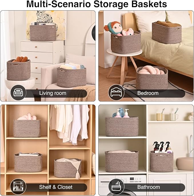 ICERZCZ Storage Baskets for Organizing Shelves, Woven Cotton Rope Bins for Baby Nursery Organization, Book Toy Towel Organizer, 15"x11"x9.5", 3 Packs, Dark Brown - Image 5