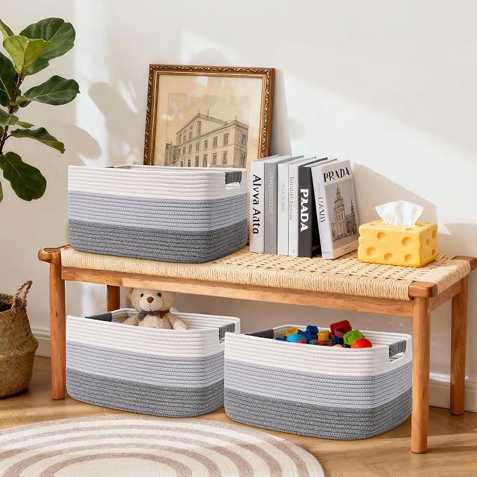 4 Pack Large Storage Basket for Organizing, 17.5"x13"x7" Woven Basket for Shelves, Closet Cube Storage Bins with Wrapped Handle, Cotton Rope Baskets for Kitchen, Clothes, Toys(Gradient Grey) - Image 7