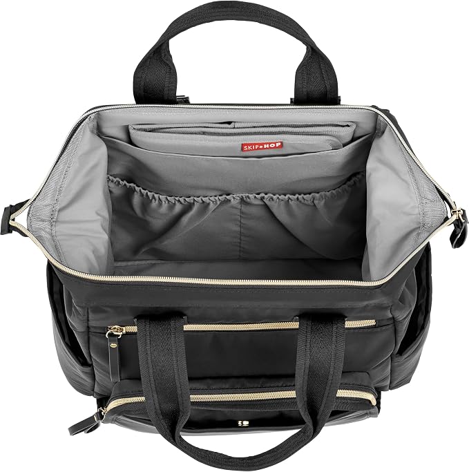 Skip Hop Diaper Bag Backpack: Mainframe Large Capacity Wide Open Structure with Changing Pad & Stroller Attachement, Black with Gold Trim - Image 7