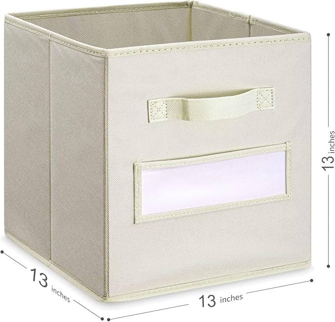 13x13x13 storage cube bins (Set of 10) Fabric storage cubes with 10 Labels Window Cards & a Pen, storage cubes 13x13, Collapsible 13 inch cube storage bins, Cubby Organizer Boxes, Beige - Image 3
