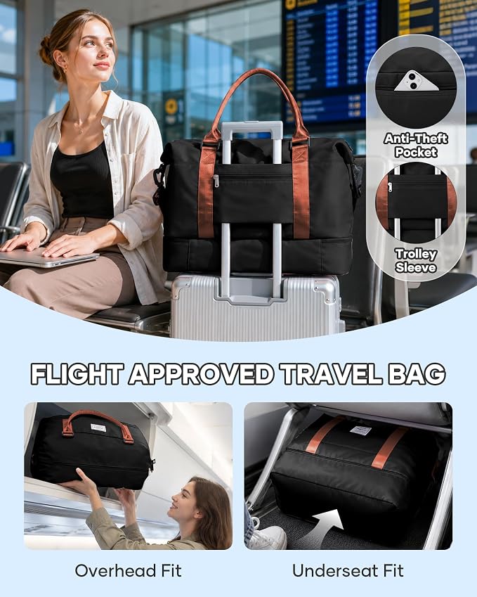 Travel Duffel Weekender Bag Women Tote Carry On Bags With Shoe Compartment | 18x14x8 inches Travel Overnight Bags with Trolley Sleeve for Airplanes Waterproof Sport Tote Gym with Toiletry Bag BlackBrown - Image 2