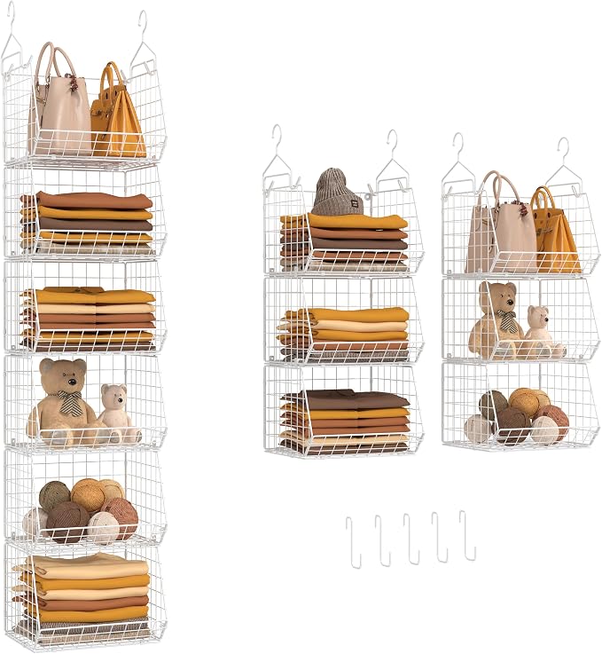 X-cosrack 6 Tier Closet Hanging Organizer, Clothes Hanging Shelves with 4 Hanging Hooks 5 S Hooks, Wire Storage Basket Bins, for Clothing Sweaters Shoes Handbags Clutches Accessories Patent by X-cosrack