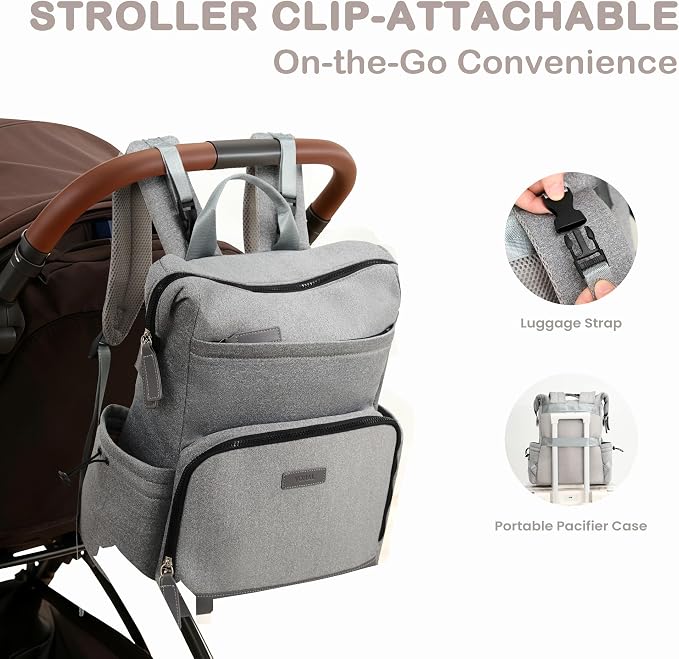 VONAL Neoprene Diaper Bag Backpack with Changing Pad, 33L Large Capacity Neoprene Backpack Baby Diaper Bag with Insulated Pockets, Travel Diaper Backpack Baby with 12 Pockets for Mom & Dad, Gray - Image 5