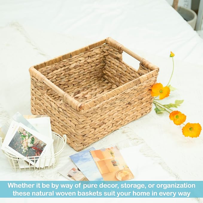 VATIMA Large Rectangular Wicker Basket with Wooden Handles for Shelves and Storage - Natural Water Hyacinth Basket for Organizing, 14.5 x 10.3 x 7.5 inches - Image 6