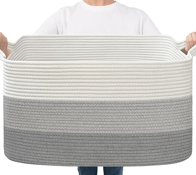 Goodpick Large Woven Rope Blanket Basket, Rectangle, Light Gray | 21.6'' x 14.9'' x 11.8'' Storage Basket for Blankets, Pillows & Toys, Living Room & Nursery Organization, Reinforced Handles by Goodpick