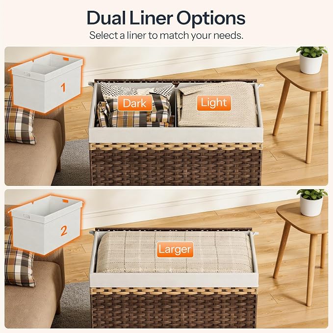 HOOBRO Storage Basket with Lid, 42.3 Gallon (160L) Wicker Storage Basket with 2 Separate Lid, Blanket Storage Bin with 2 Removable Liner Bags, for Bedroom, Laundry, Brown and Natural BR276CW01 - Image 4