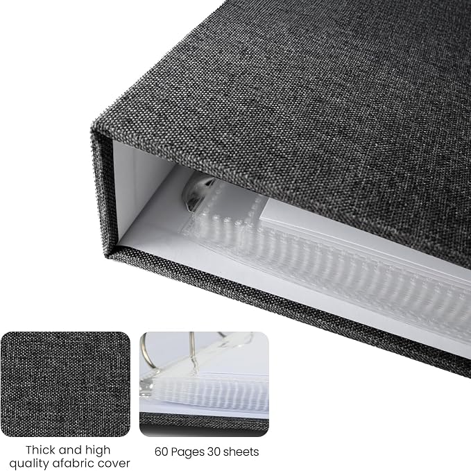 3 Ring Binder 12x12 Inch Large Scrapbook Photo Album, Linen Cover Scrap Book with 30 Plastic Sleeves 60 Pages 12 x 12 Scrapbooks White Pages for Wedding Couples Baby Travel Women kids (Black) - Image 7