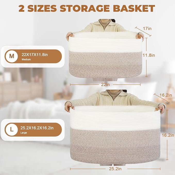 108L Large Blanket Basket for Living Room, Woven Storage Basket with Leather Handles, Cotton Rope Storage Organization in Nursery for Toys & Clothes 25 ''* 16 ''*16 '', Gradient Brown - Image 5
