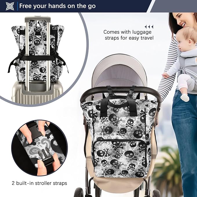 MNSRUU Diaper Bag Skulls Black Grey Paisley Diaper Bag Backpack Multifunction Travel Diaper Bag Tote Large Capacity Diaper Changing Backpacks for Moms Dads - Image 4
