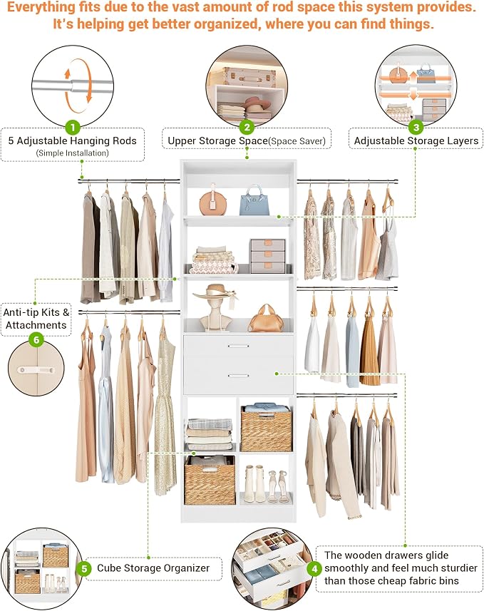 Besiost Small Closet System, 3.2-6.8FT Small Closet Organizer with 2 Wooden Drawers & 5 Hanging Rods, Can Fit 37.5 to 81.9 inch Walk-in Closet System, Built-in, White, Enclosed Storage Volume 2.32 ft³ - Image 5