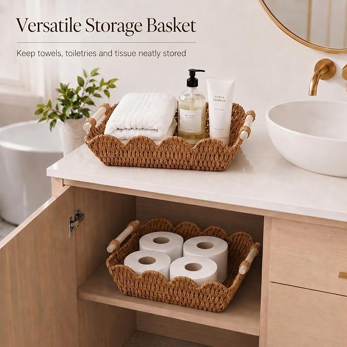 Coeusy 2 Pack Gift Basket, Cute Scalloped Basket with Handles, Decorative Basket for Display,Snack,Shelves, Natural - Image 4