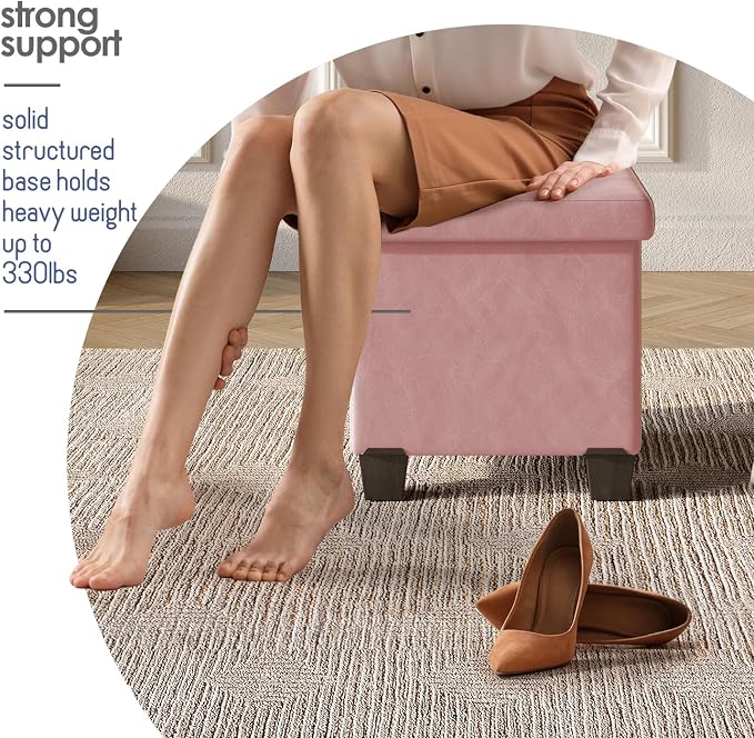 Storage Ottoman Cube with Small Bin, 15-in Square Ottoman with Storage for Living Room and Bedroom, Small Ottomans Foot Rest, Leather Foot Stools Ottomans Max 330lbs, Pink - Image 5