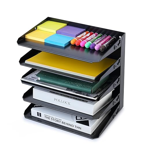 Huron Desktop Horizontal 5-Slot File Binder Organizer Storage Letter Tray, Black Commercial Grade Steel by Huron