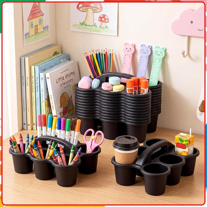 12 Pack Classroom Caddy Organizer with Handle 6 Compartment,Black | Plastic Drink Cup Caddy Holder, Portable Storage Bin, for Pencil, Glue Stick, Crayons, Marker, Table, Office, School Supplies - Image 2