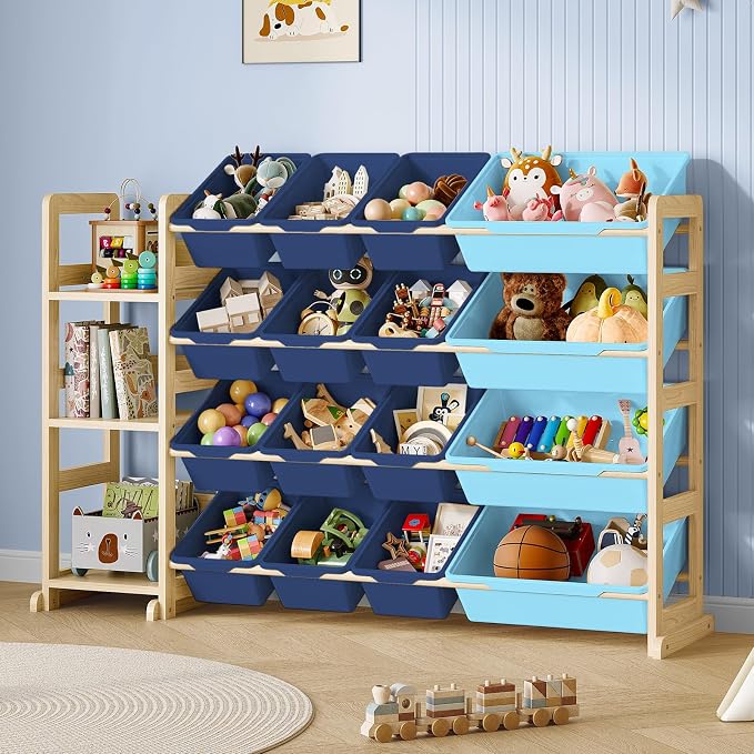 EXPERLAM Toy Storage Organizer, Toy Storage Shelf with 3 Shelves and 16 Storage Bins (12 Small + 4 Large), 3-in-1 Kids Bookshelf for Kids Rooms, Playroom, Nursery, Blue by EXPERLAM