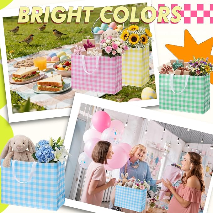 Colarr 24 Pcs Extra Large Easter Tote Bags Bulk with Handle Spring Gift Bag Non Woven Buffalo Plaid Waterproof Reusable Bag for Spring Holiday Wedding Party Supplies,16.5'' x 13 "x 7'' - Image 5