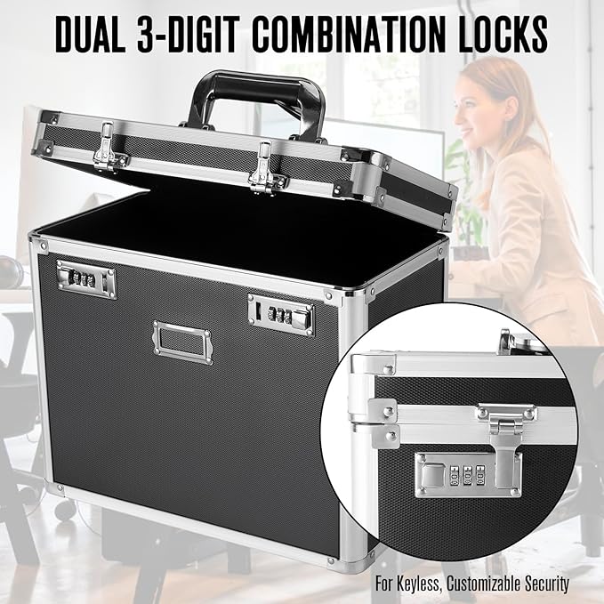 File Organizer Storage Box, Portable Locking Storage Totes - Storage Box with Dual Combination Locks for Filing Office Documents (Black) - Image 3