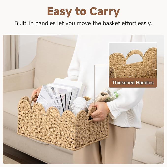 StorageWorks Scalloped Wicker Basket, Large Baskets for Decor, Paper Rope | Woven Baskets for Storage, Wicker Storage Baskets for Shelves, Large Wicker Basket, Shelf Basket with Handles, 2 Pack - Image 4