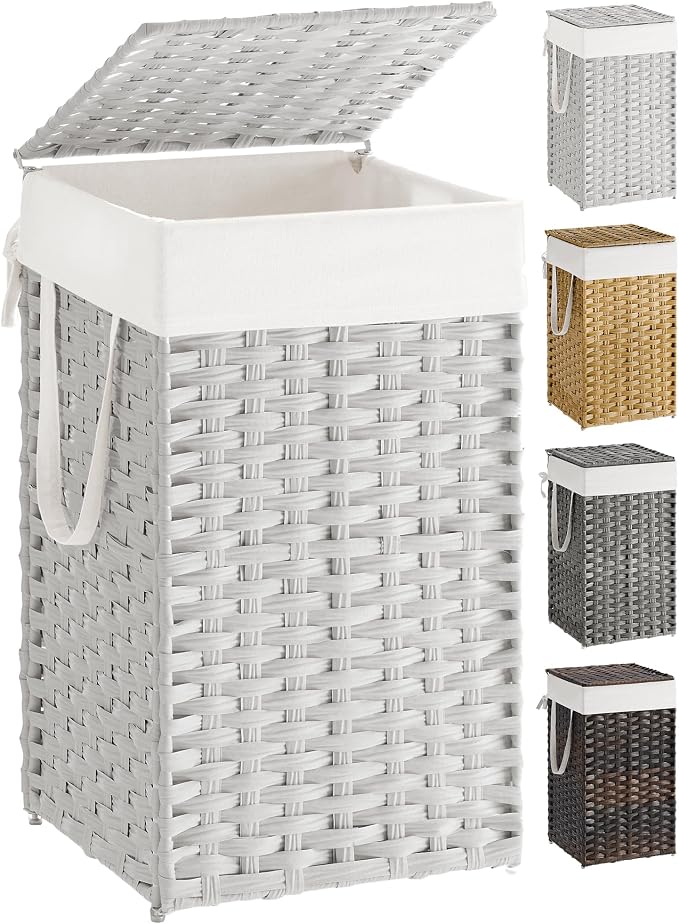 SONGMICS Laundry Hamper with Lid, 17.2 Gallon (65 L) Synthetic Rattan Clothes Laundry Basket with Lid and Handles, Foldable, Removable Liner, Cloud White ULCB165W01 | Clothes Laundry Basket with Handles, Removable Liner, Cloud White, ELIOTT Collection ... by Unknown