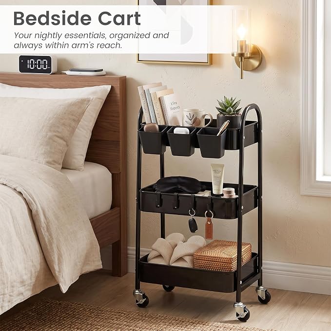 danpinera 3-Tier Rolling Cart, Utility Cart Mobile Metal Rolling Storage Cart with Lockable Wheels & Hanging Cups & Hooks for Kitchen, Bathroom, Office, Workshop, Black - Image 7
