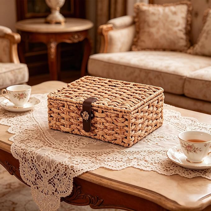 Water Hyacinth Wicker Storage Box with Lid （Large） | Hand woven decorative storage basket for shelf coffee table console home decor - Image 7