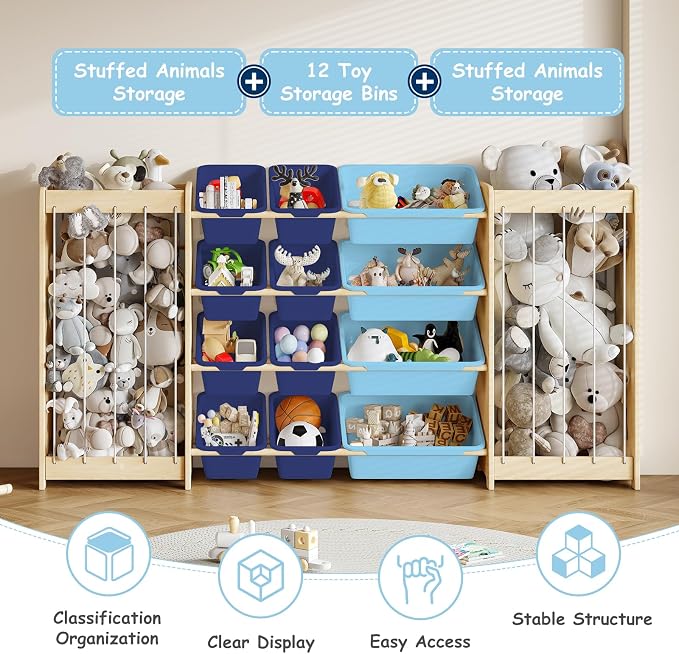 EXPERLAM Large Toy Storage Organizer, Wooden Stuffed Animal Storage & 12-Bins Toy Organizer, Double-Sided Plush Toy Holder Featuring Thicker Ropes, Space Save Bedroom Nursery Playroom Storage, Blue - Image 4
