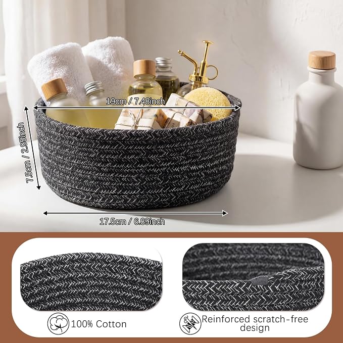 12 Pack Small Storage Basket Cute Natural Cotton Rope Woven Basket Tiny Boho Decorative Toy Storage Bin Gift Baskets for Home Organizing, Closet, Shelf, Nursery, Bathroom(Round,White Grey) - Image 2