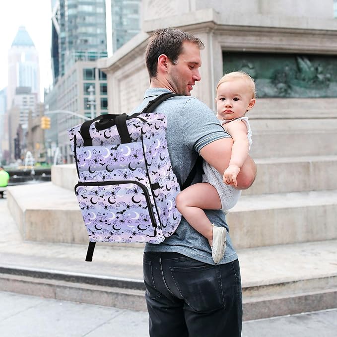 Mnsruu Diaper Bag Bat Moon Starry Sky Purple Large Changing Backpack Multifunction Travel Tote Mommy Bag Baby Diaper Backpack for Mom Dad - Image 6