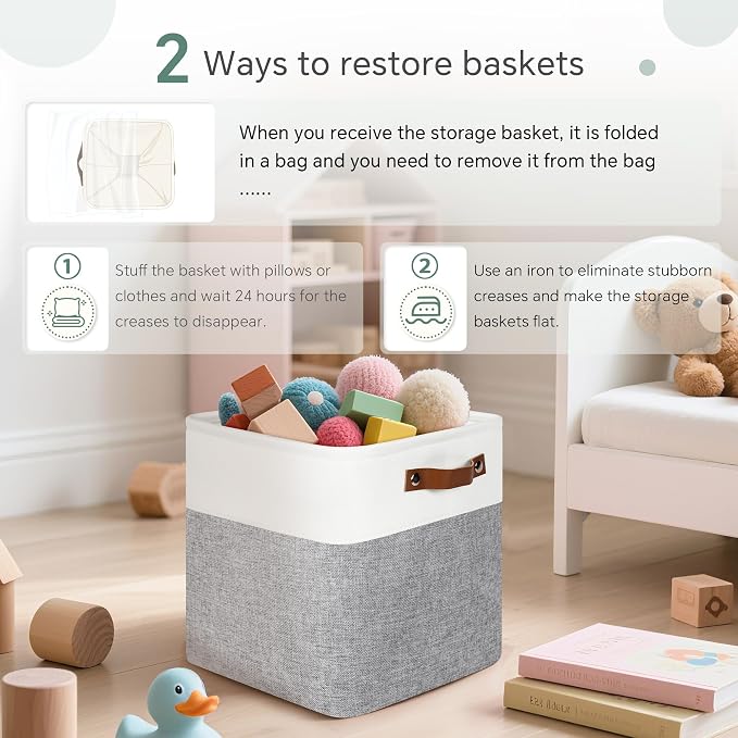 FinishingBo 11 inch Cube Storage Bin 6 Pack, Cube Organizer Bins | Fabric Storage Bins With Handles, 11x11 Storage Cubes, Shelf Basket, White/ Gray - Image 6