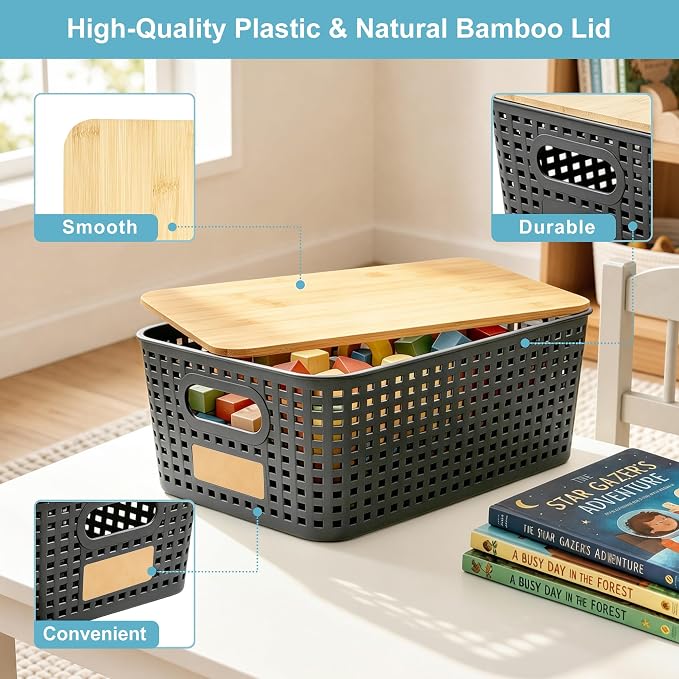 Small Plastic Storage Bins with Bamboo Lids 5.2qt Stackable Box Basket Pantry Decorative Containers Cute with Lable for Organizing Desktop Closet Office Gray of 6 packs 10 * 7.2 * 4.1" - Image 2