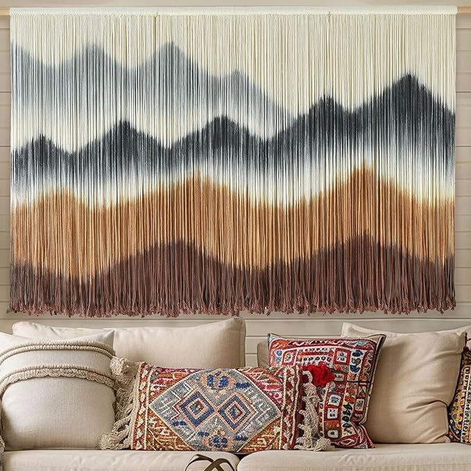 Macrame Wall Hanging Dip-Dyed Mountain Fiber Art Craftsmanship 57"W*35"L | For Bedroom Living Room Wall Art, Room Styling, Interior Decoration, Modern Home Style, Farmhouse Decor, Housewarming Gift by IOWER