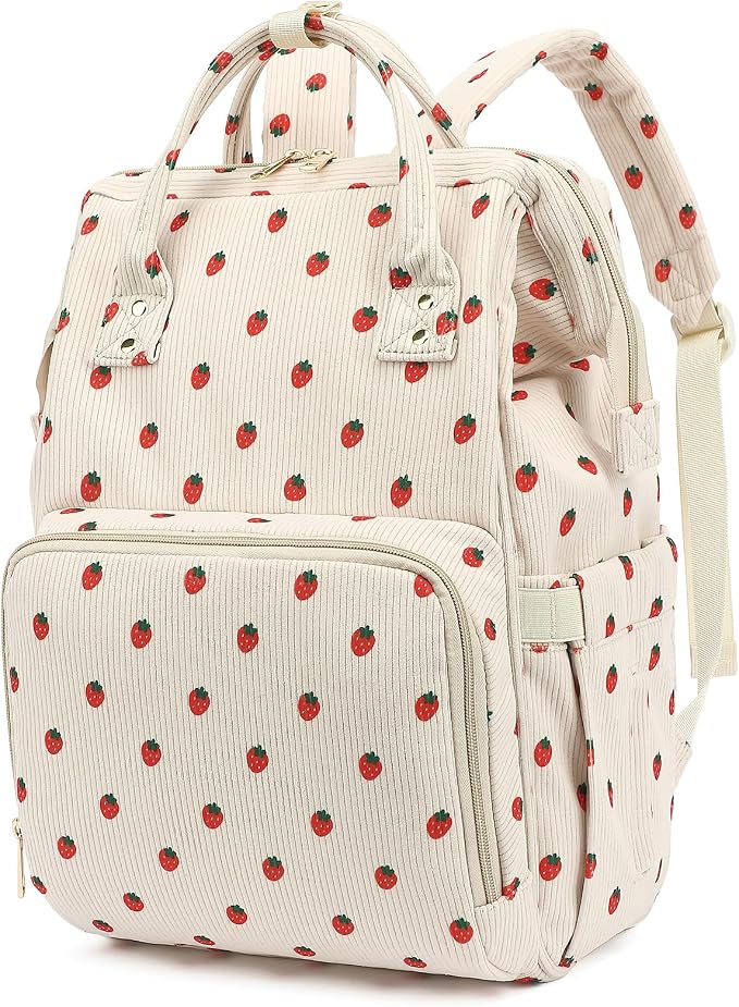 Corduroy Diaper Bag Backpack for Baby Girls Boys, Women Large Nappy Bags for Mom (Beige Corduroy Strawberry) by Yusudan