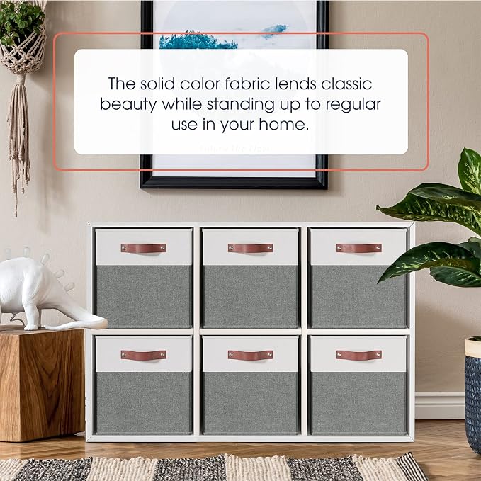 Ornavo Home 13x13 Foldable Fabric Storage Cube Bins, 6 Pack, White/Gray | Collapsible Linen Shelf Basket Organizer; Leather Handles; Ideal Cube Storage For Closet - Image 2