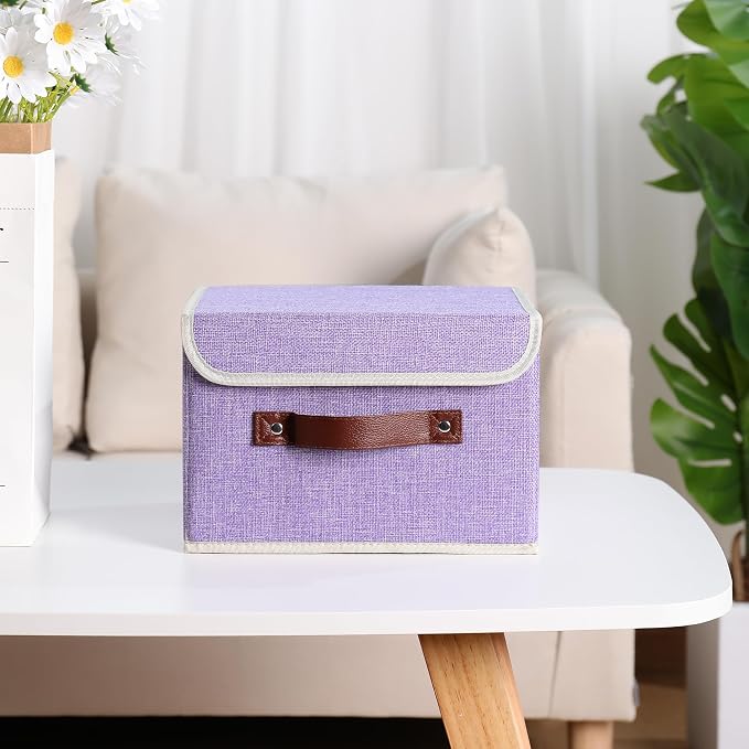 ANMINY Fabric Storage Box Bins with Lids, Purple, 10"x8"x7" | Keepsake Memory Storage, Cotton Linen, PP Board Reinforced, Washable, PU Handles, Foldable & Stackable, Decorative, Small - Image 6