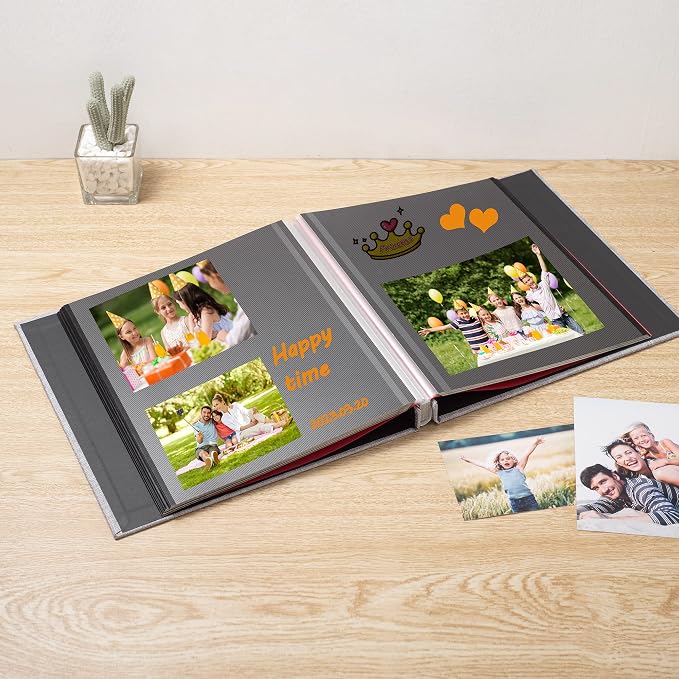 Large Photo Album Self Adhesive for 4x6 8x10 Magnetic Scrapbook Album DIY 60 Black Sticky Pages Linen Cover Photo Album(Grey) - Image 2