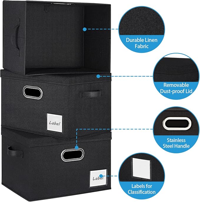 LHZK Extra Large Storage Bins with Lids 6 Pack, Foldable Linen Fabric Storage Boxes with Lids, Sturdy Fabric Storage Bins with Label & 3 Handles for Shelves Bedroom Home Office (Black, Extra Large) - Image 7